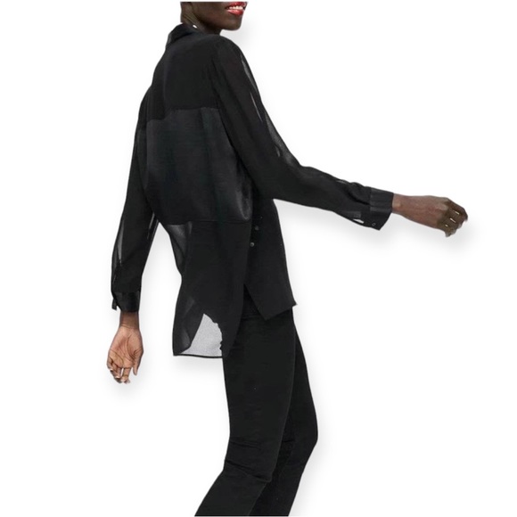 ZARA Sheer Satin Block Cutout Black Button Down Blouse - Picture 2 of 14